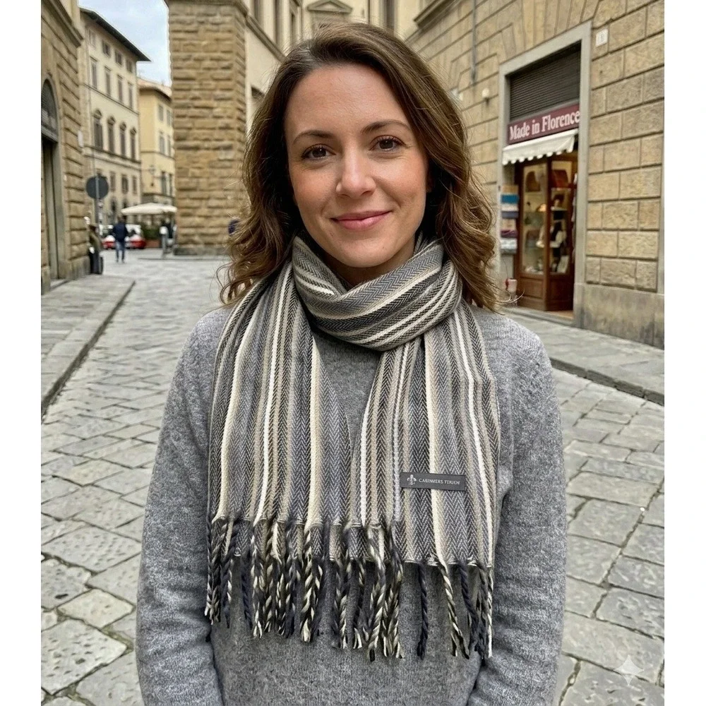 Cashmere Finished Striped Winter Scarf Fringe  Grey White Made‎ in ItalyUnisex